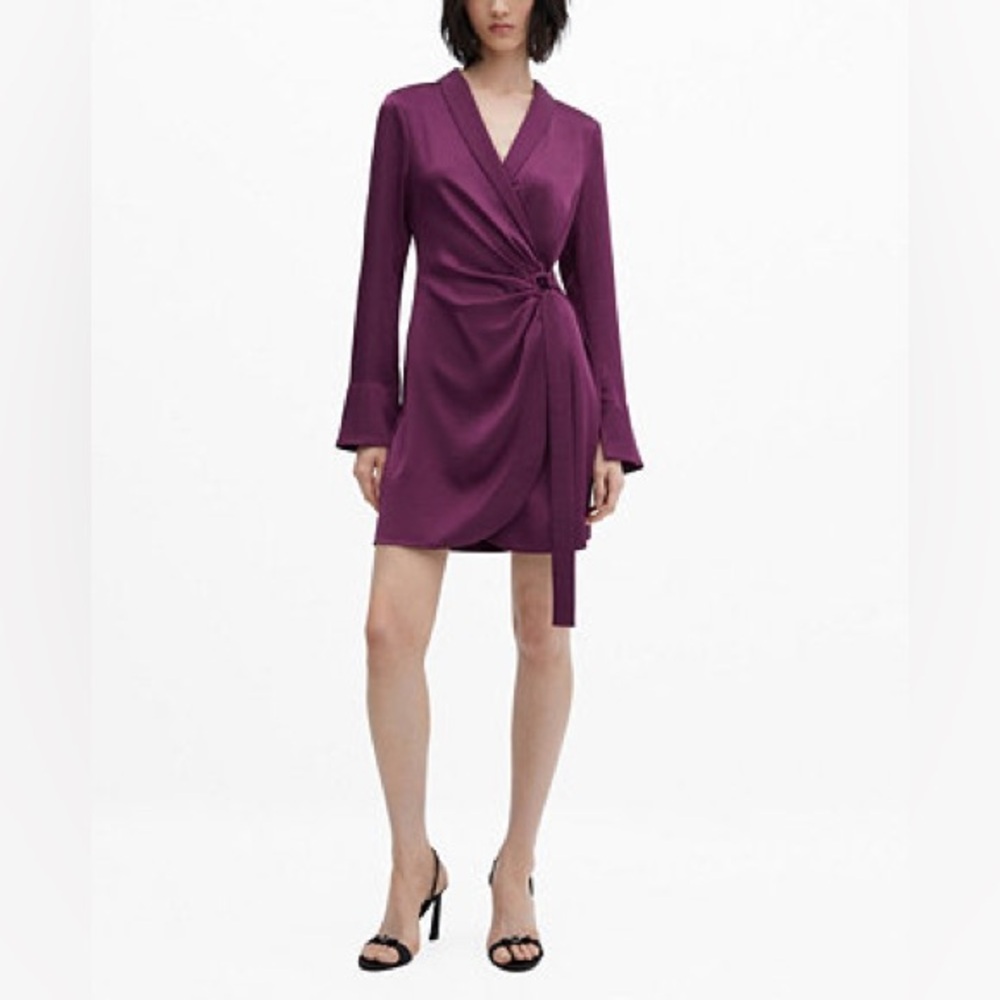 MANGO Wrapped Satin Buckled Dress Dark Purple Whimsical Statement Flare Sleeves - Picture 11 of 14